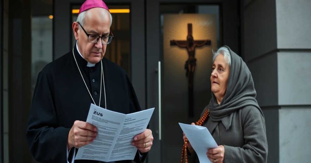 Biskup w starej swojej szacie czytający formularz ZUS przed biurem rządowym i staruszka z różańcem w miejskim pejzażu.