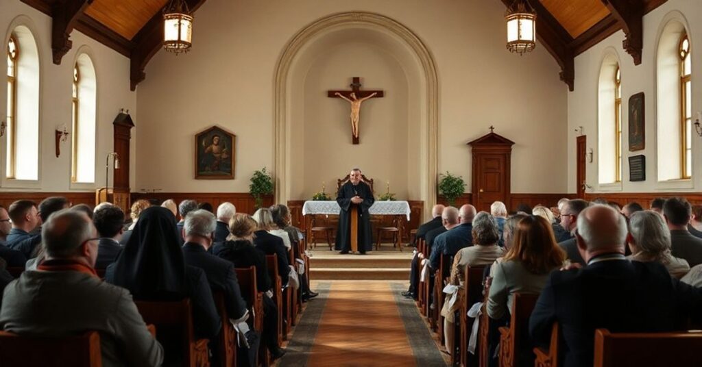 Kaplica w Gdańsku-Oliwie z mniszką w tradycyjnym habicie mówiącą o modlitwie jako relacji osobistej z Bogiem, bez akcentu na Krzyżu i liturgii.