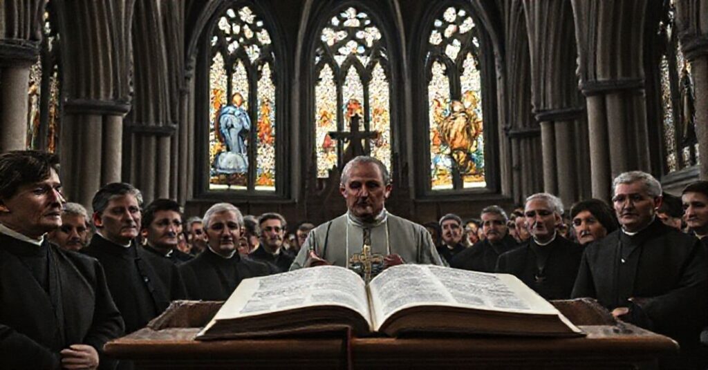 Scena w katedrze płockiej przedstawiająca "biskupa" Szymona Stałkowskiego podczas kazań. Tło tworzy gotycka architektura z witrażami przedstawiającymi polskich świętych. W przodzie widoczni są troskliwi katolicy tradycyjni słuchający przemówienia. Światło naturalne podkreśla powagę momentu.