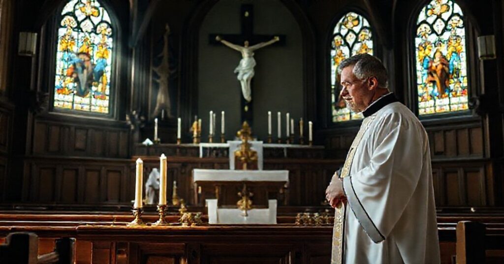 Wnętrze tradycyjnego kościoła katolickiego z ołtarzem, monstrancją i kapłanem w białych szatach, symbolizujące redukcję Zmartwychwstania do terapii emocjonalnej.
