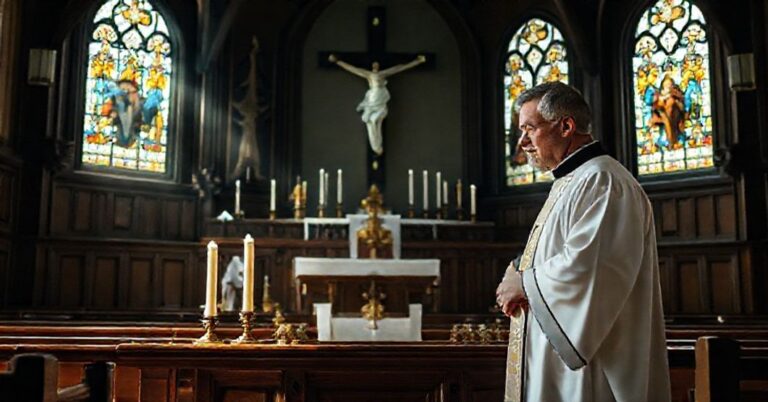 Wnętrze tradycyjnego kościoła katolickiego z ołtarzem, monstrancją i kapłanem w białych szatach, symbolizujące redukcję Zmartwychwstania do terapii emocjonalnej.