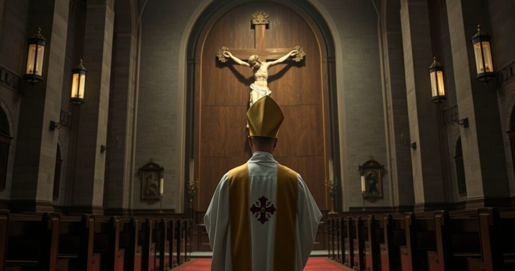 Ksiądz w tradycyjnych szatach stojący przed krucyfiksem w kościele, rozważający moralny ciężar prawa antyaborcyjnego, wyraz głębokiej refleksji i powagi duchowej