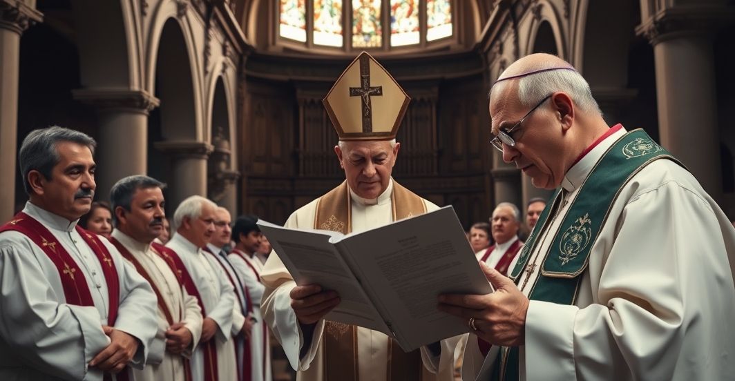 Rekolekcja katolicka w tradycyjnym kościele, ksiądz rozważający umowę handlową UE-Mercosur, symbolizująca moralne wyzwania dla wiernych