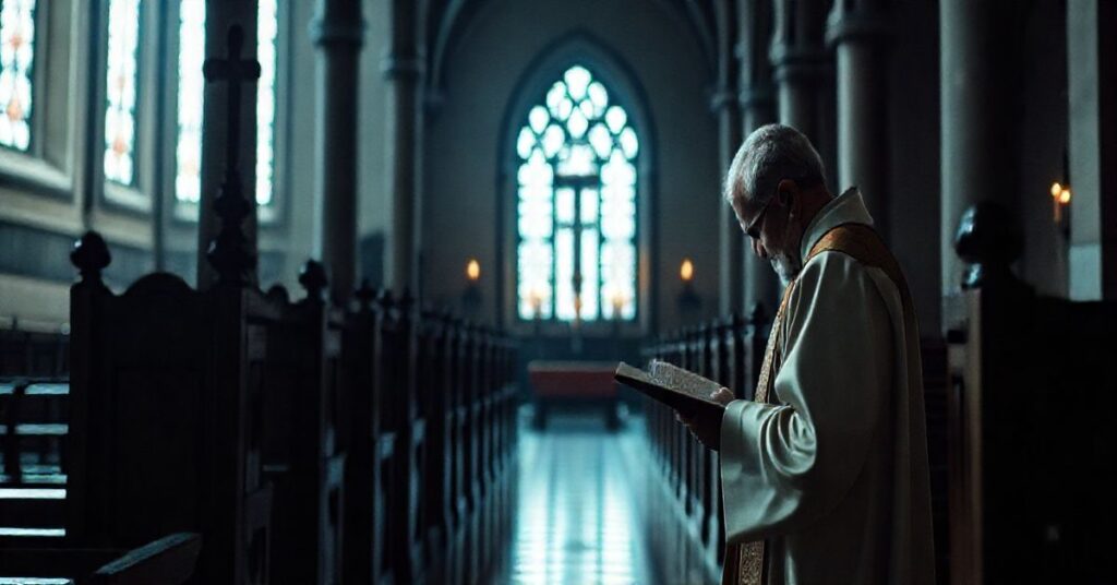 Rekolekcje katolickie w kościele, kapłan modlący się nad Biblią, refleksja nad upadkiem moralnym społeczeństwa