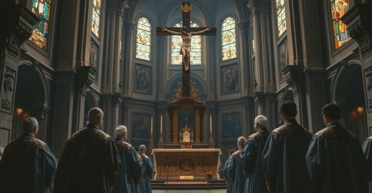 Sanktuarium katolickie z kapłanem i wiernymi, ukazujące powagę i refleksję nad kryzysem moralnym i duchowym