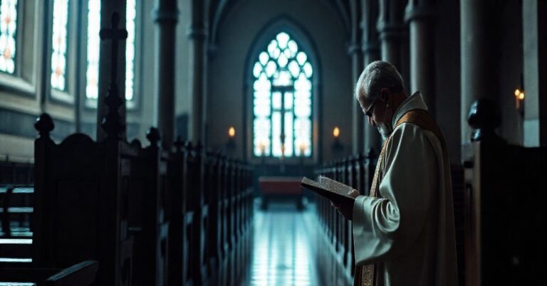 Rekolekcje katolickie w kościele, kapłan modlący się nad Biblią, refleksja nad upadkiem moralnym społeczeństwa