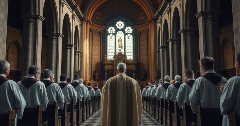 Sposób katolicki w kościele, kapłan w modlitwie, refleksja nad kryzysem wiary i moralności, powaga i skupienie, tradycyjna atmosfera religijna