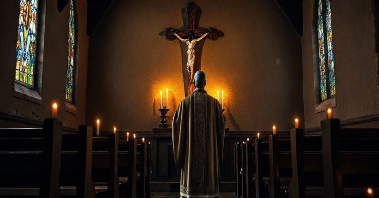Catholic ksiądz modli się w kościele podczas rozważania moralnych konsekwencji przemocy politycznej