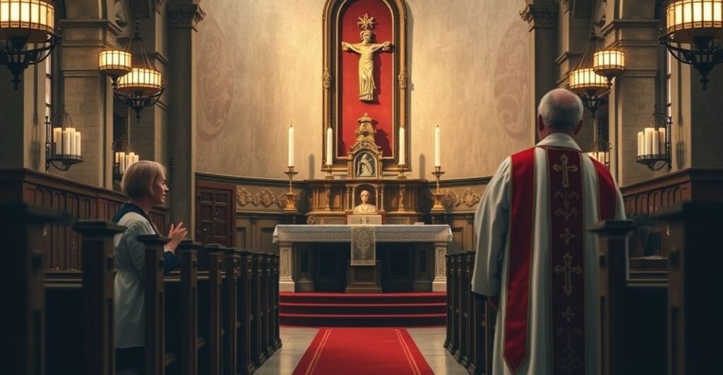 Obraz realistyczny przedstawiający poważną scenę w tradycyjnej katolickiej świątyni, podkreślającą potrzebę nawrócenia i refleksji nad moralnym upadkiem.