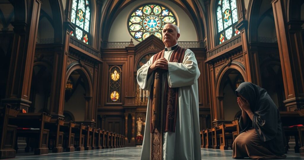 Smutny obraz katolickiego kapłana i matki modlącej się w kościele, symbolizujący moralną refleksję nad technologiami reprodukcyjnymi