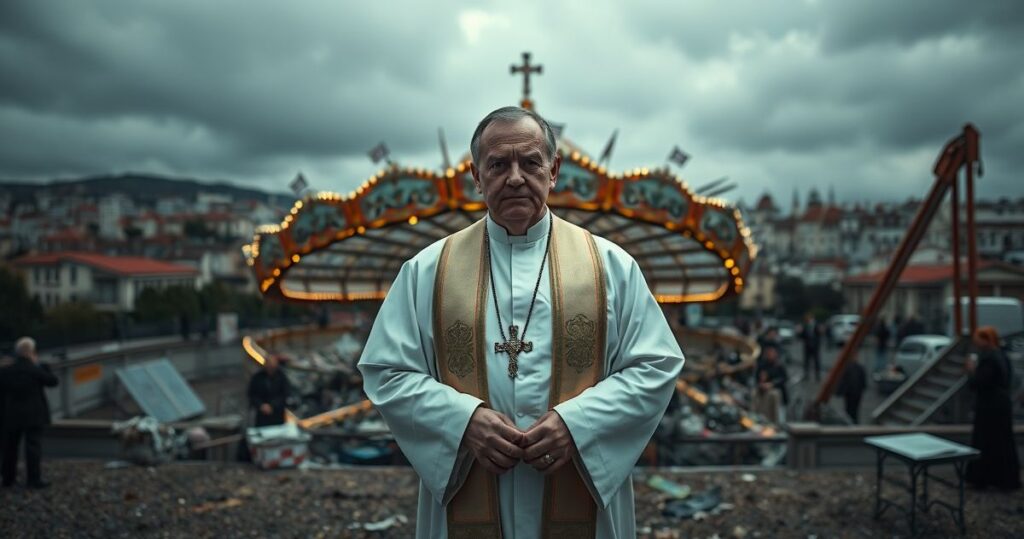 Rewerentny obraz katolickiego księdza w tradycyjnym stroju przed ruinami kolejki linowej w Lizbonie, symbolizujący moralny kryzys i refleksję duchową