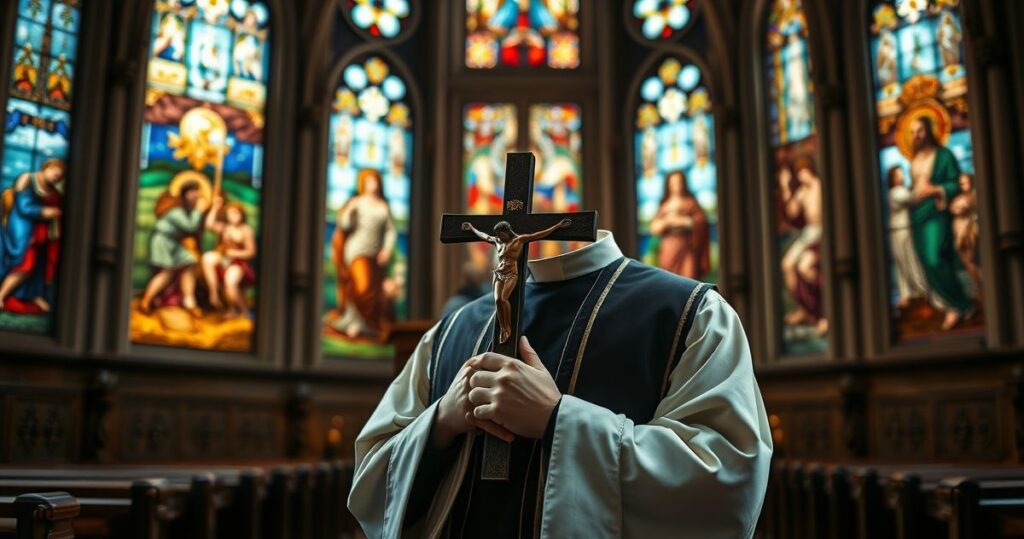 Rewerentny obraz katolickiego kościoła z kapłanem trzymającym krucyfiks, symbolizujący moralną refleksję nad upadkiem społeczeństwa bez Boga