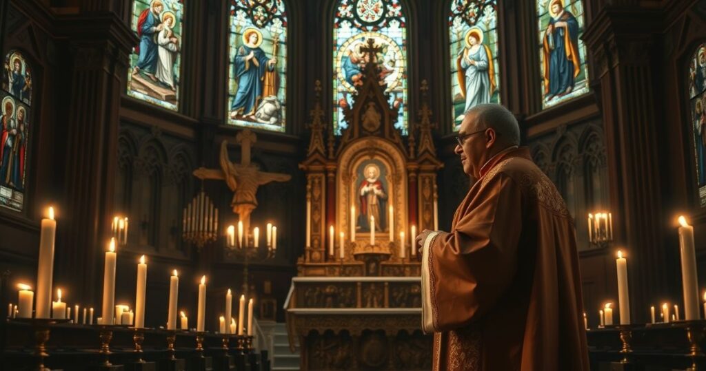 Szczegółowe, realistyczne zdjęcie katolickiego kościoła z ołtarzem, modlącym się kapłanem i świecami, symbolizujące powagę i refleksję nad moralnymi konsekwencjami wojny.