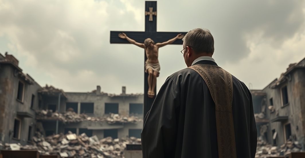 Kapłan w sutannie przed Krzyżem, refleksja nad zdradą Chrystusa w konflikcie Gaza, realistyczny obraz katolicki