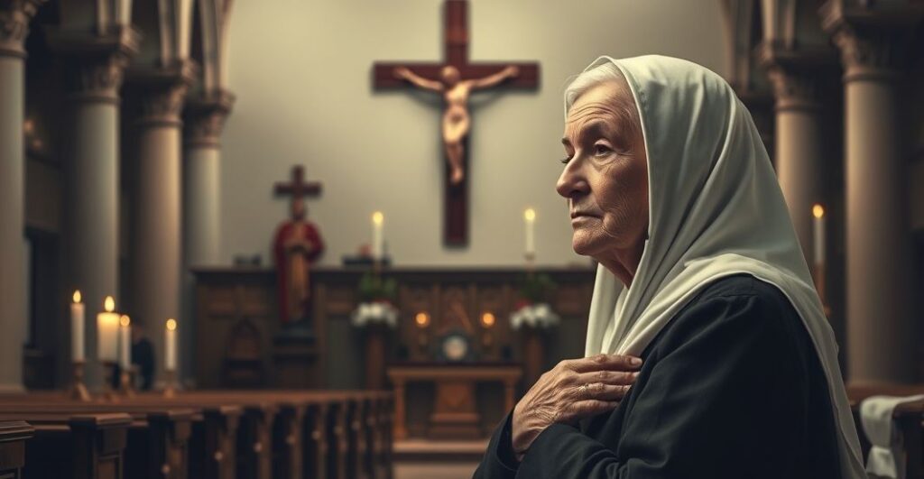 Realistyczne zdjęcie katolickie przedstawiające starszą kobietę w modlitewnym skupieniu w świątyni, symbolizujące refleksję nad życiem i grzechem.