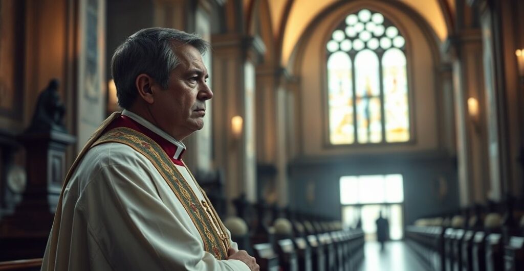 Smutny obraz katolickiego kapłana w kościele, refleksja nad moralnym kryzysem i tragedią w świetle wiary