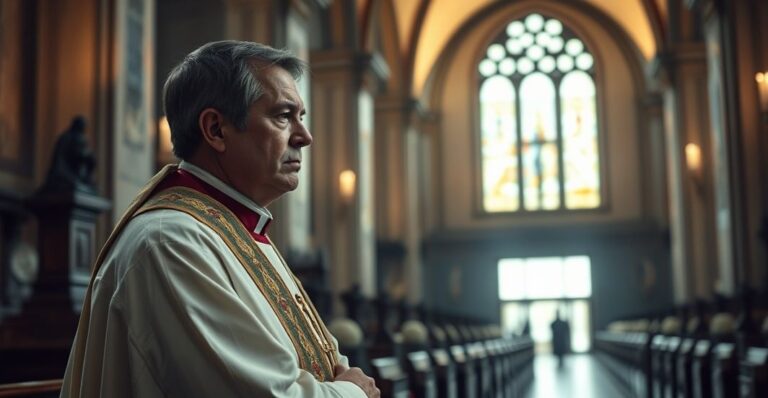 Smutny obraz katolickiego kapłana w kościele, refleksja nad moralnym kryzysem i tragedią w świetle wiary