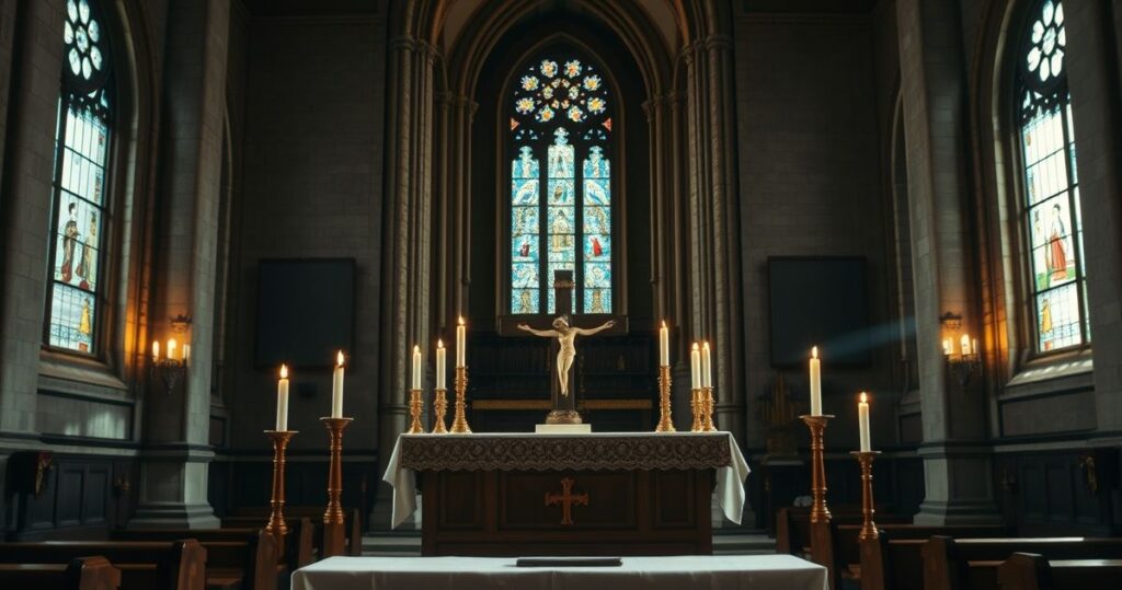 Reverentna scena kościoła z ołtarzem, krzyżem i świecami, symbolizująca duchowe refleksje nad moralnym i religijnym kryzysem współczesnej katolickiej społeczności
