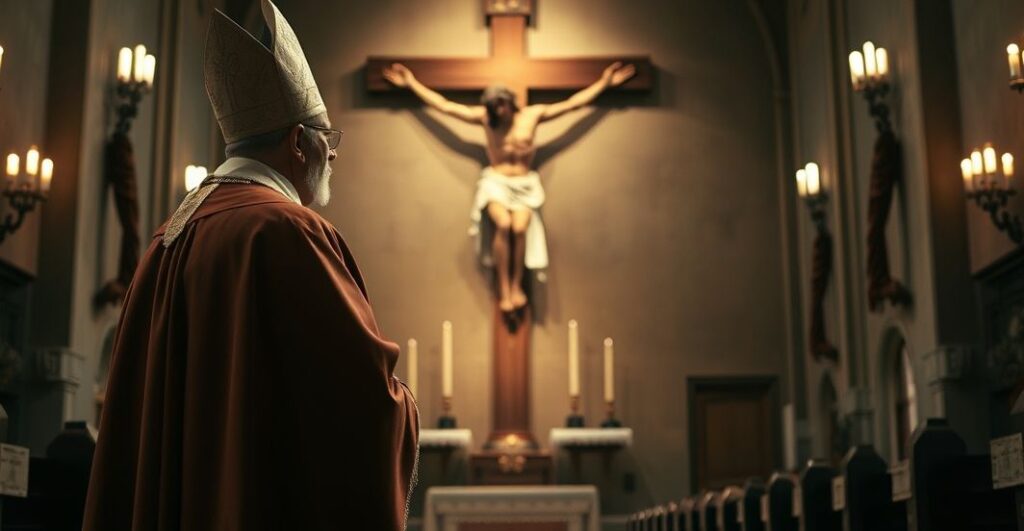 Biskup w tradycyjnych szatach katolickich w modlitewnej scenerii kościelnej, rozważający tajemnicę zdrady Chrystusa w kontekście milczenia episkopatu