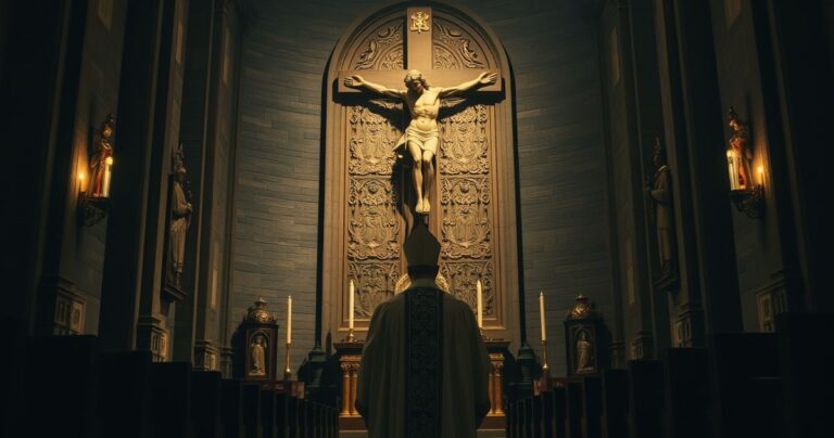 Szczególnie poważne i religijne wnętrze kościoła katolickiego z kapłanem, krucyfiksem i atmosferą refleksji nad brakiem Boga w polityce międzynarodowej