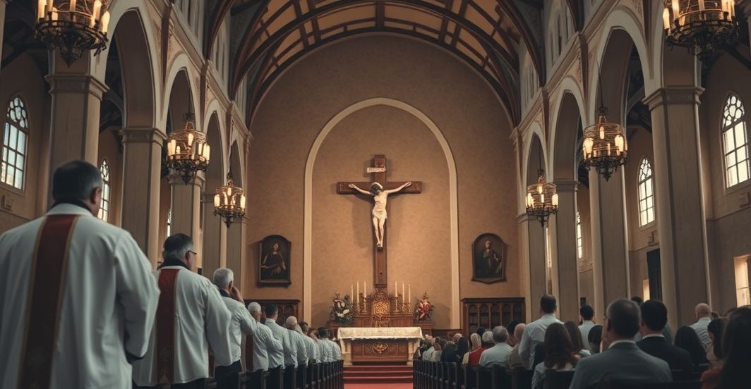 Szanowna scena w tradycyjnej katolickiej świątyni z kapłanami i wiernymi w modlitwie, podkreślająca powagę i refleksję nad kryzysem moralnym i duchowym