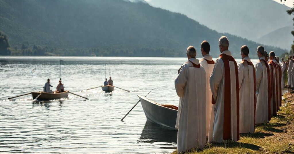 Obraz katolickiego kapłana i wiernych podczas tradycyjnych regat, wyrażający refleksję nad odwróceniem wartości religijnych przez nowoczesne sportowe wydarzenia