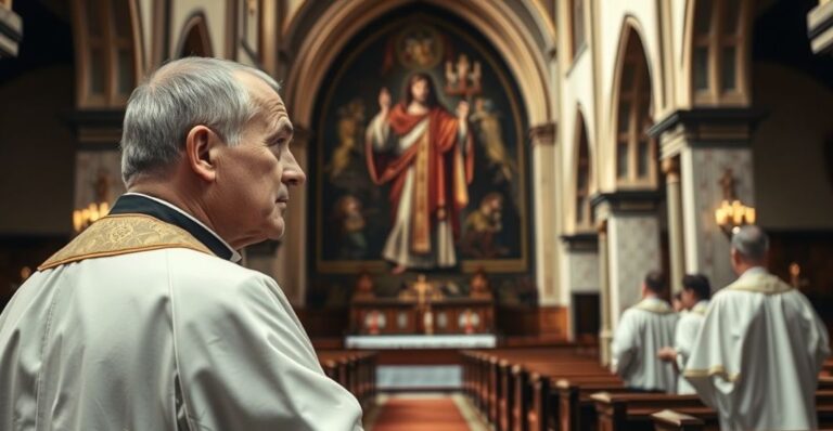 Kościół katolicki, kapłan w refleksji nad zdradą wewnątrz Kościoła, realistyczne, poważne zdjęcie o tematyce krytycznej