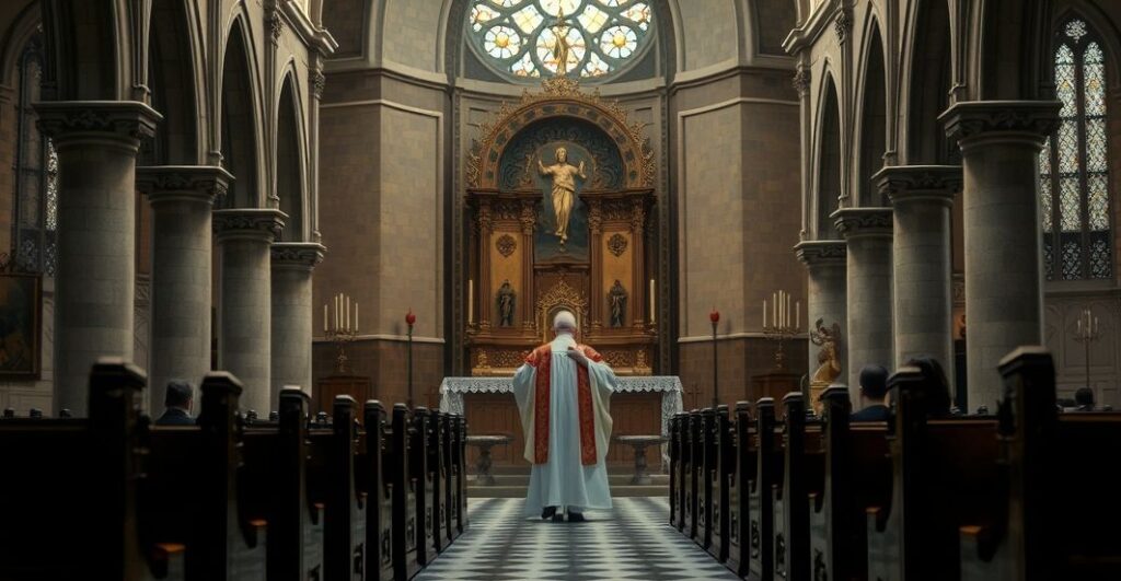 Rekolekcja w katolickiej świątyni podczas modlitwy za duszę zmarłego, pełna powagi i duchowej refleksji, ukazująca katolicką liturgię i tradycję