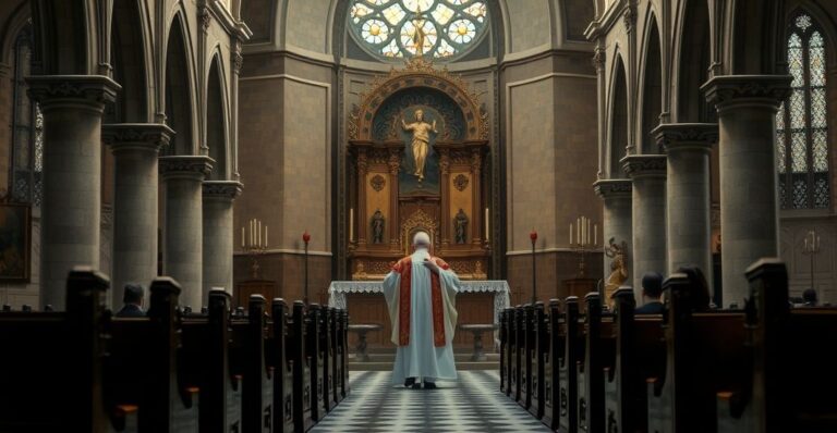 Rekolekcja w katolickiej świątyni podczas modlitwy za duszę zmarłego, pełna powagi i duchowej refleksji, ukazująca katolicką liturgię i tradycję