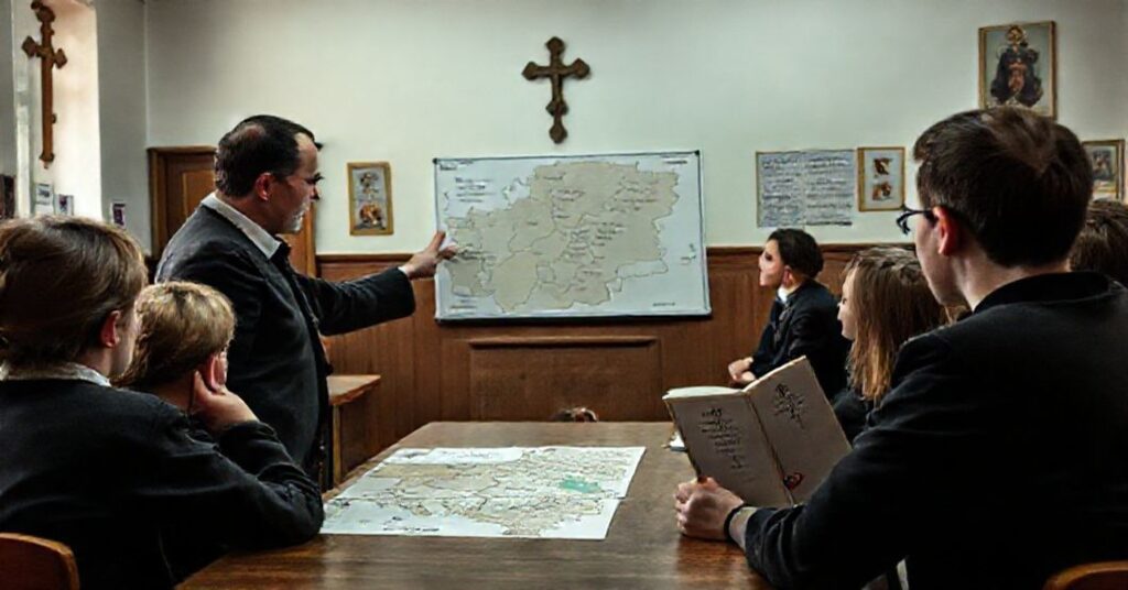 Scena w klasie szkolnej z nauczycielem wskazującym na puste miejsce na mapie historycznej, gdzie powinny być Bizancjum, Sobór Trydencki i rola Kościoła w okresie zaborów. Uczniowie wyglądają z troską. Nauczyciel trzyma kopię 'Reformy 26' z widocznym nazwiskiem Artura Góreckiego.