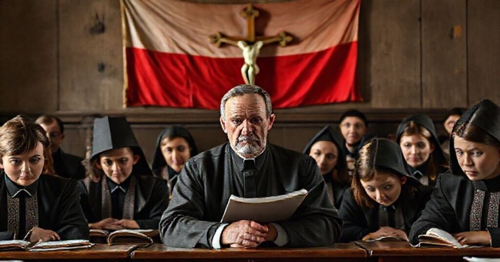 Pokój szkolny z nauczycielami i uczniami w tradycyjnych strojach, symbolizujący erozję wartości narodowych i moralnych.