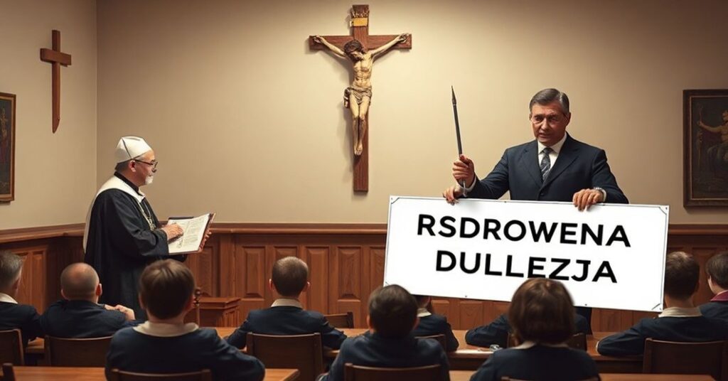 Scena klasy katolickiej z krzyżem na ścianie, nauczyciel w tradycyjnym habicie wyjaśniający dzieciom nauki wiary podczas gdy urzędnik rządowy trzyma tabliczkę z napisem 'Reforma Edukacji' i 'Zdrowotna Edukacja'.