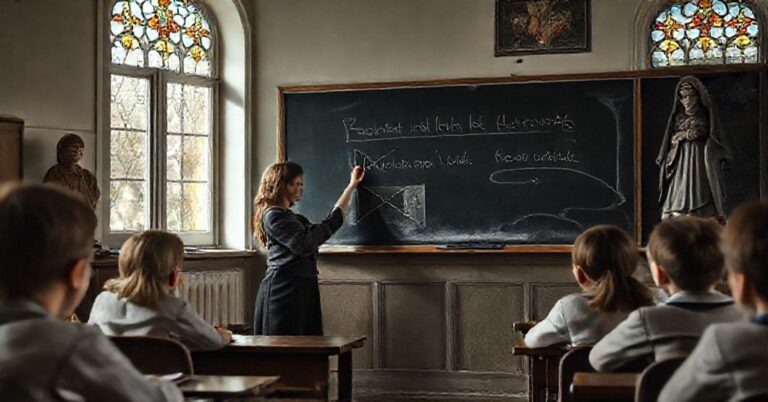 Scena klasowa przedstawiająca nauczycielkę Barbarę Nowacką kasującą kluczowe wydarzenia historyczne z tablicy podczas lekcji historii w polskiej szkole.