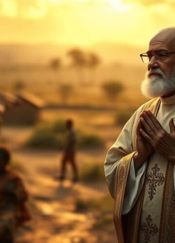 Ksiądz modlący się z uchodźcami podczas kryzysu w Mozambiku Refugees w Mozambiku z kapłanem modlącym się w trudnej sytuacji, ukazując duchowe wsparcie i powagę kryzysu humanitarnego