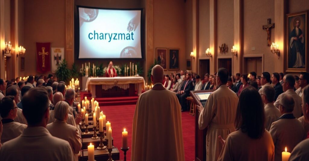 Zgromadzenie Regnum Christi słucha przemówienia Leóna XIV na tle modernistycznego ołtarza z ekumenicznymi symbolami.