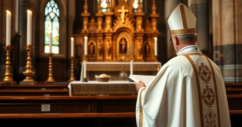 Rektor kaplicy katolickiej odprawia Mszę Świętą w tradycyjnej, katolickiej atmosferze, z ozdobnym ołtarzem i sakramentaliami, ukazując głębię religijnej pobożności i szacunku do sakramentów.