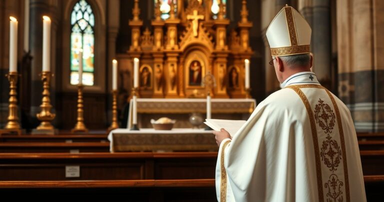 Rektor kaplicy katolickiej odprawia Mszę Świętą w tradycyjnej, katolickiej atmosferze, z ozdobnym ołtarzem i sakramentaliami, ukazując głębię religijnej pobożności i szacunku do sakramentów.
