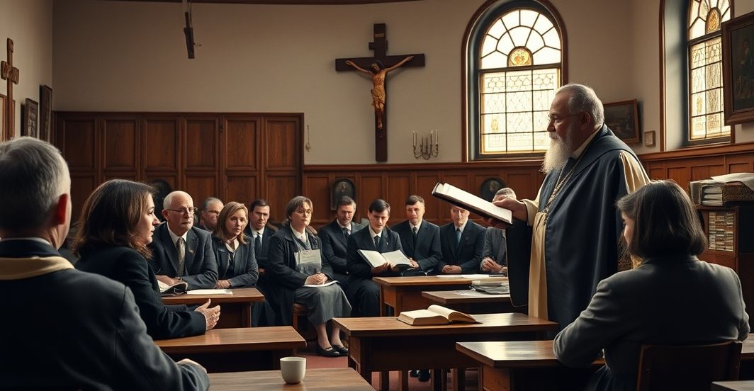 Rekatolicki nauczyciel w tradycyjnej klasie z uczniami, ukazujący powagę i wierność naukom Kościoła, krytyczne wobec nowoczesnych reform edukacyjnych