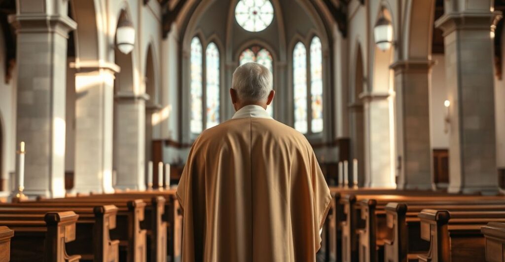 Reverent Catholic priest w modlitewnym nastroju w tradycyjnym wnętrzu kościoła, podkreślający powagę duchowości