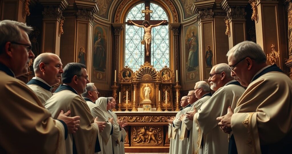 Rekolekcja katolicka w tradycyjnej świątyni z kapłanami modlącymi się przy ołtarzu, ukazująca autentyczną pobożność i wierność naukom Kościoła.