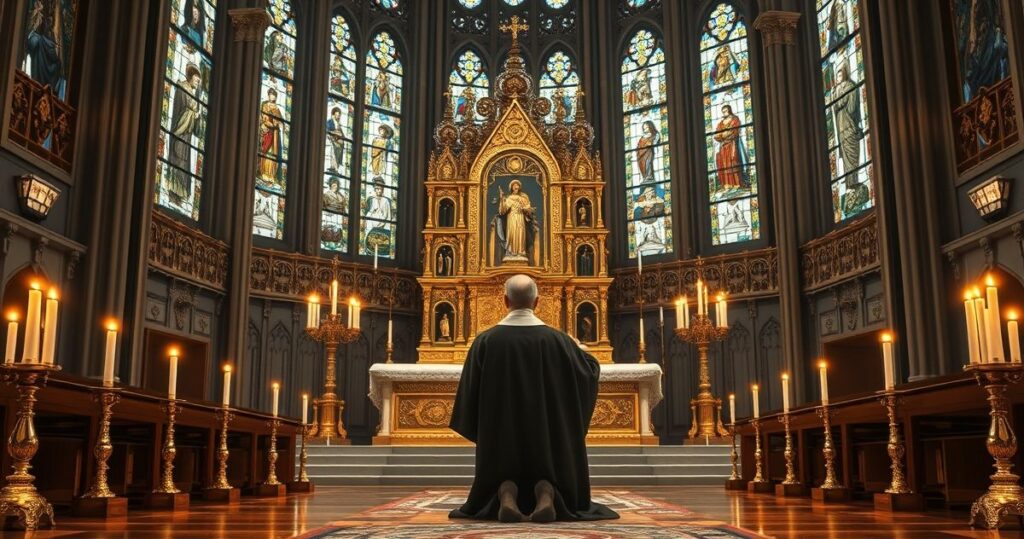 Rekolekcja katolicka, kapłan adorujący Eucharystię w tradycyjnym kościele, głęboki szacunek i liturgiczna powaga