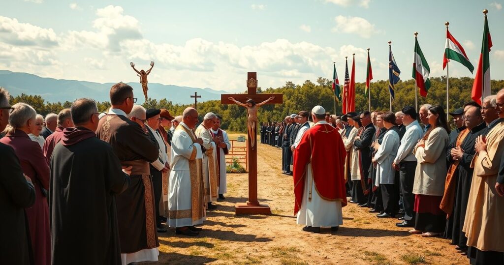 Rekolekcja katolicka na granicy, kapłani w liturgicznych szatach, wierni modlą się w skupieniu, ukazuje autentyczną katolicką praktykę, krytykując modernistyczne odchylenia