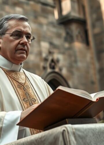 Rekolekcja katolicka z kapłanem głoszącym kazanie w tradycyjnym stylu Rekolekcja katolicka z kapłanem głoszącym kazanie przed wiernymi, symbolizująca powagę i tradycyjną wiarę katolicką