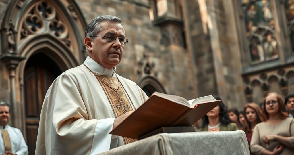Rekolekcja katolicka z kapłanem głoszącym kazanie przed wiernymi, symbolizująca powagę i tradycyjną wiarę katolicką