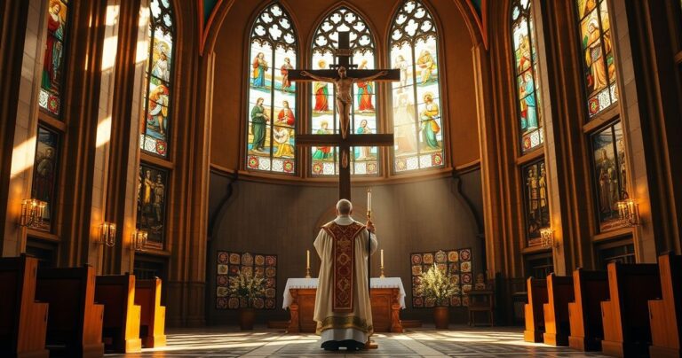 Rekolekcja katolicka w kościele z kapłanem i krzyżem, symbolizująca duchową władzę i moralność, realistyczne i pełne szacunku ujęcie