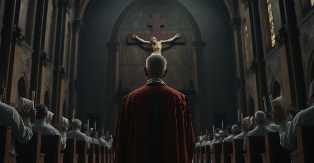 Rekolekcja katolicka w kościele, kapłan modlący się przy krucyfiksie, głęboka duchowa refleksja, powaga i czystość wiary