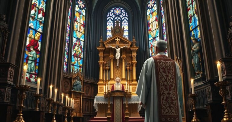 Rekolekcja katolicka z kapłanem w tradycyjnych szatach przed ołtarzem z krucyfiksem, wśród świec i witraży, oddanie i wiara zgodnie z nauką katolicką.