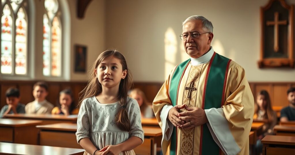 Rekolekcja katolicka z kapłanem i dziewczynką w świątyni, podkreślająca moralną integralność i duchową refleksję.