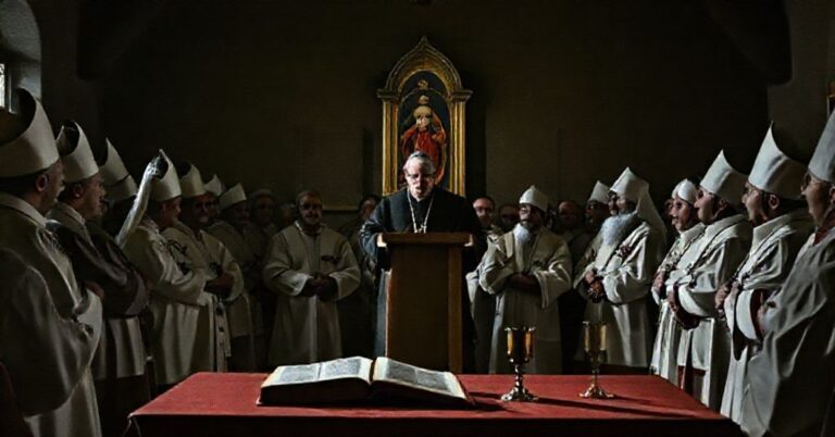 Grupa "biskupów" w tradycyjnych strójach biskupich podczas rekolekcji na Jasnej Górze, z hasłem "Być prorokami nadziei"