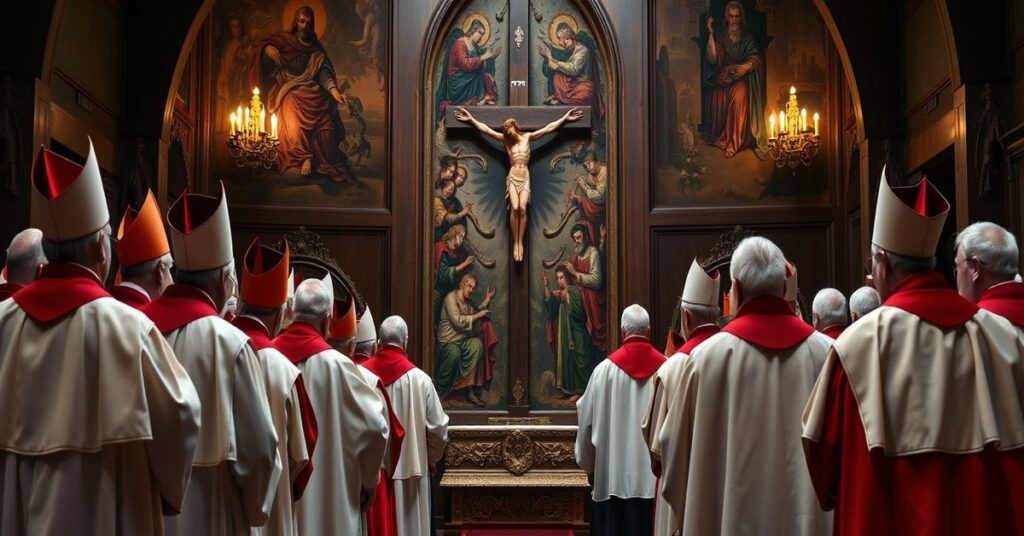 Zbierający się biskupi w tradycyjnych strojach kościelnych podczas rekolekcji na Jasnej Górze w 2025 roku pod przewodnictwem ks. Jana Jędraszka SAC.